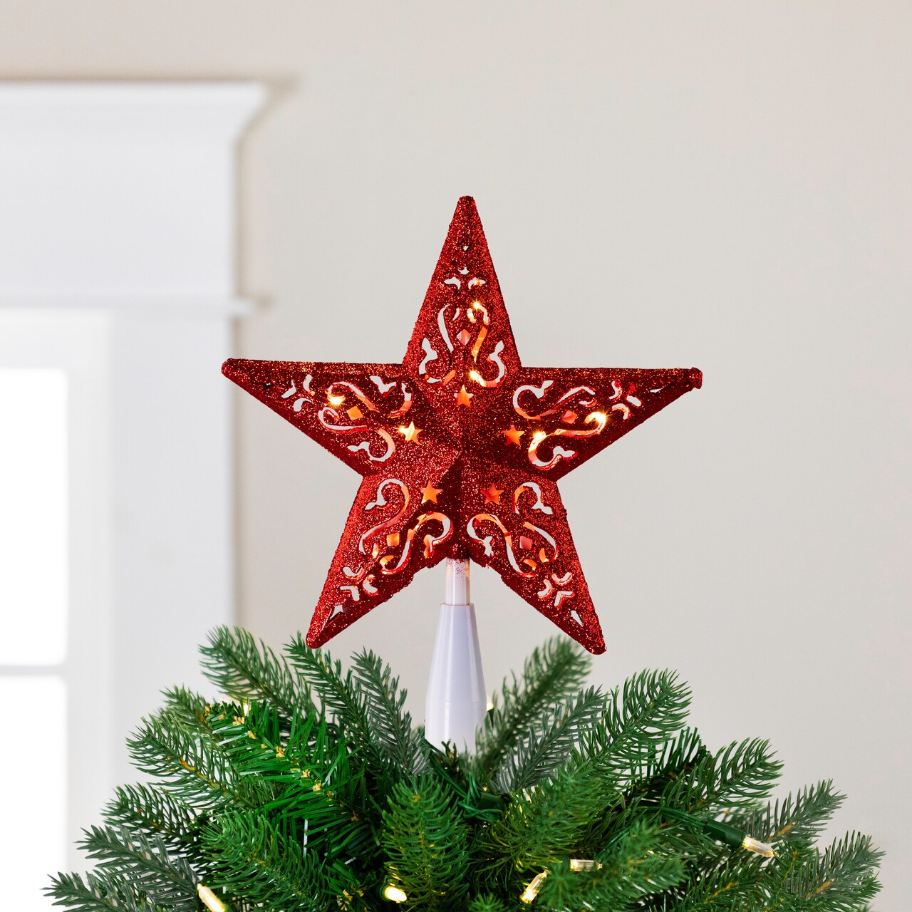 Northlight Lighted Glittered 5 Point Cut-Out Star Christmas Tree Topper - 9.75" -Red - Clear Lights